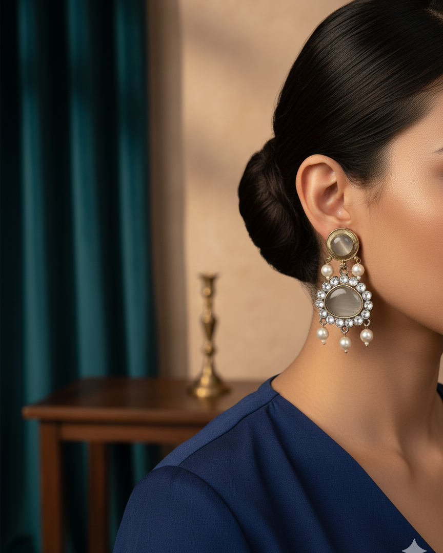 Oxidized Silver Pearl Drop Earrings with Mirror and Stone Work – Elegant Ethnic Statement Jewelry