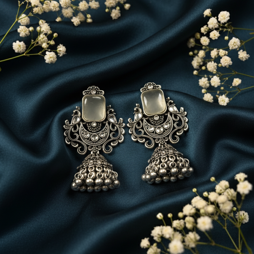 Antique Silver Jhumka Earrings with Elegant White Stone Detailing