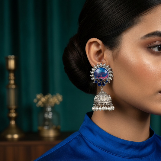 Statement Silver Jhumka Earrings with Blue Enamel & Pearl Drops – Handcrafted Ethnic Jewelry