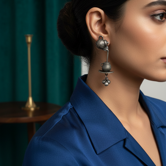 Quirky Oxidized Silver Tea Kettle & Cup Dangler Earrings – Handcrafted Boho Statement Jewelry