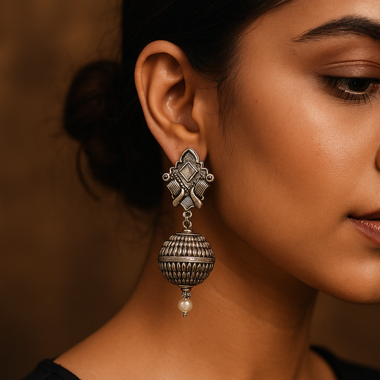 Vintage Oxidized Silver Statement Earrings with Pearl Drop – Traditional Elegance