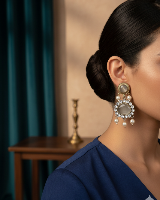 Oxidized Silver Pearl Drop Earrings with Mirror and Stone Work – Elegant Ethnic Statement Jewelry