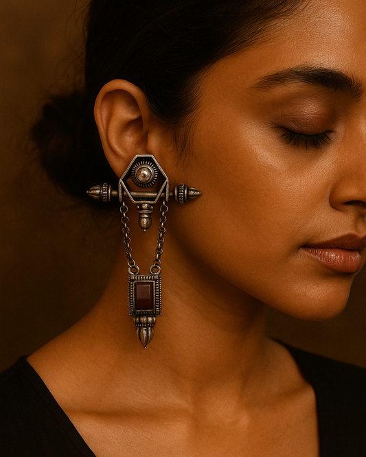 Oxidized Silver Statement Earrings with Red Stone and Chain Detailing – Bold Vintage Style