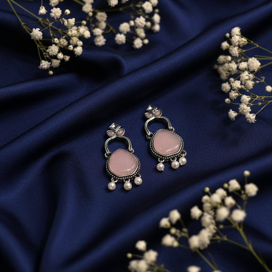 Graceful Pink Stone & Pearl Drop Oxidized Silver Earrings