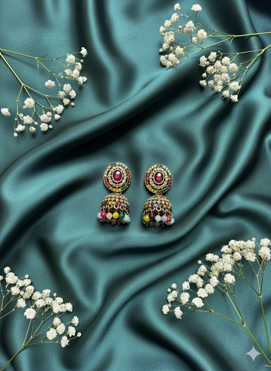Vibrant Multi-Colored Gemstone Earrings with Jhumka Design