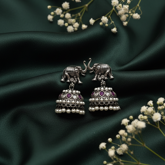 Handcrafted Elephant Silver Earrings with Purple Stones and Pearl Detailing | Antique Jewelry