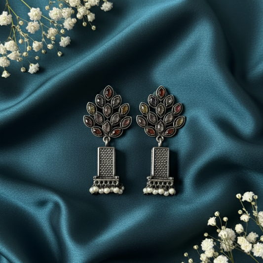 Elegant Silver Earrings with Colorful Stones and Pearl Detailing | Traditional Jewelry