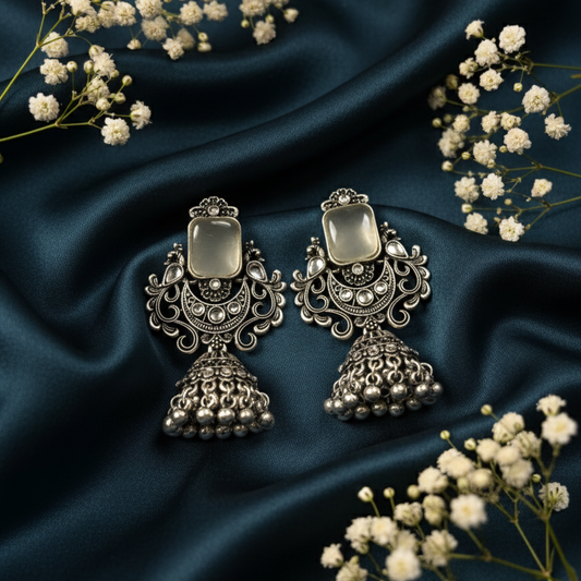Antique Silver Jhumka Earrings with Elegant White Stone Detailing